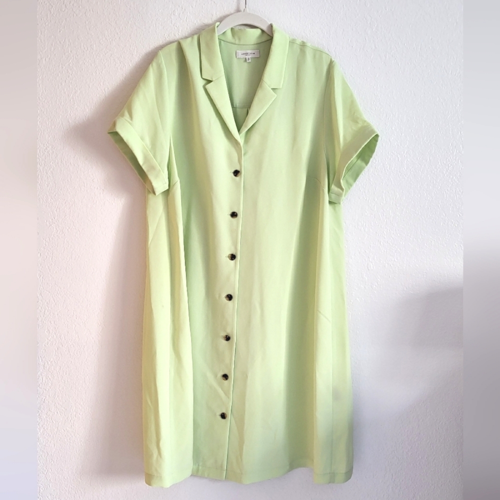 Lafayette 148 Light Green Shift Shirt Dress w/ Buttons Collar Sz 1x Spring Lime